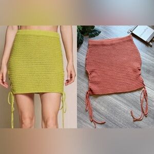 Beige Botany Crochet Mini Skirt w Adjustable Side Ties in Terracotta. Size S